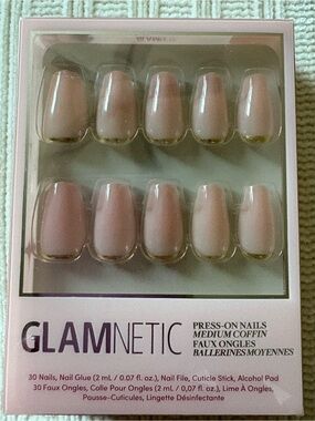 New GLAMnetic Medium Coffin Press-On Nails in Nude with Gold Tips